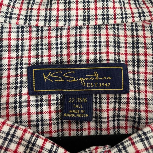 Men's 22 35/6 Tall KS Signature Red & Blue Plaid Long Sleeve Button Down Shirt - Picture 2 of 12